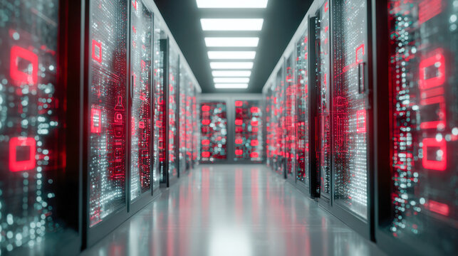 Futuristic data center corridor with illuminated server racks displaying glowing red and white digital interface icons for advanced network management - Powered by Adobe