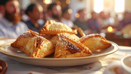Golden brown hamantaschen pastries dusted with powdered sugar sit on white plate during traditional Purim holiday gathering