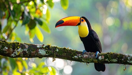 Fototapeta premium Toco toucan with a large orange beak and black feathers stands alert on a tree branch within a sunlit tropical canopy