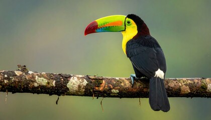 Fototapeta premium Sulphur breasted toucan perched on a moss covered branch against a soft green background in a natural forest environment