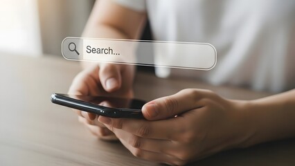 Person searching on a smartphone with a search bar overlay