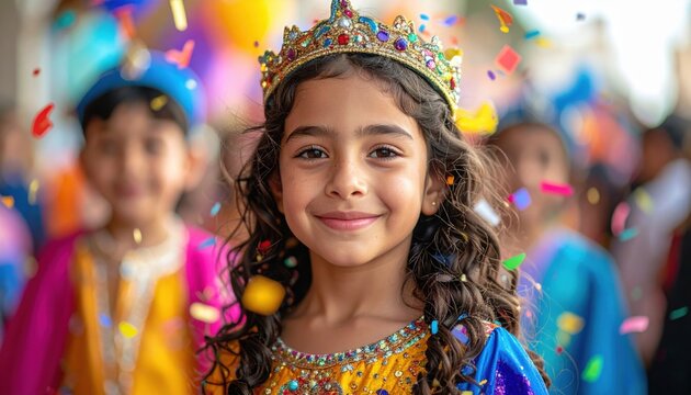 Young girl wearing ornate golden crown with colorful jewels smiles amid bright confetti at festive celebration with friends - Powered by Adobe