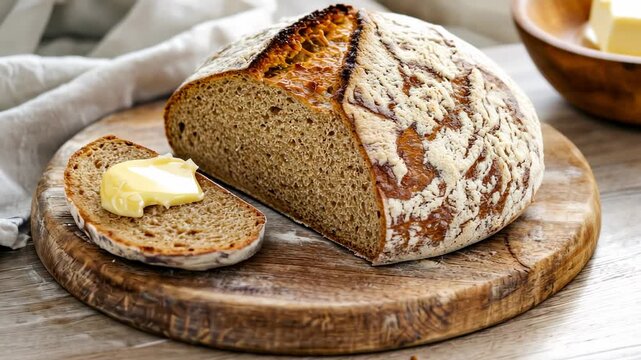 Rustic sourdough bread sliced with butter on wooden board