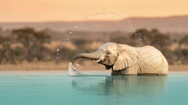 Majestic elephant splashing water with its trunk while bathing in a serene watering hole