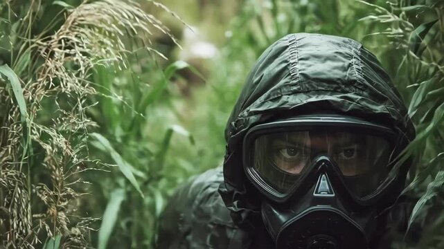 Medium shot of a technician safely neutralizing explosives in a lush green field demonstrating innovative biodegradable disposal techniques.