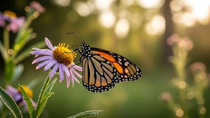 Fototapeta premium Monarch butterfly perched on a purple flower with a yellow center, basking in soft sunlight