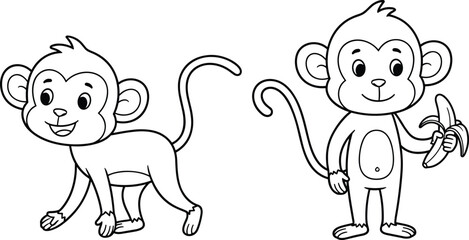 Cute monkey cartoon line art illustration set for kids coloring book featuring playful baby monkeys with banana, isolated on white background © Hello there