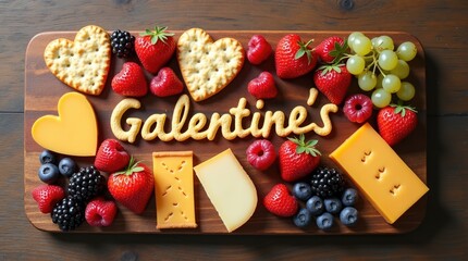 Charcuterie board with heart-shaped cheeses and Galentine's crackers, communal feasting symbolism and abundant joyful spread