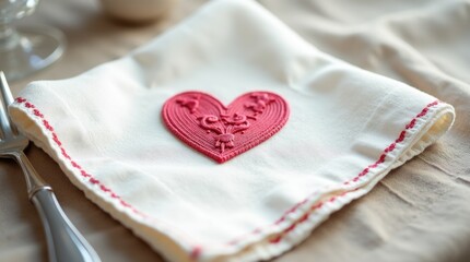 cocktail napkin with embroidered red heart, personalized party detail and intimate thoughtful touch.