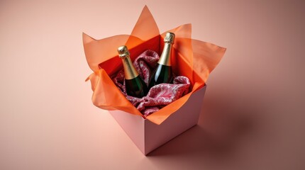 Open gift box with silk scarves and mini champagne bottles, luxurious friend gift concept and surprise indulgence hint. Galentines day