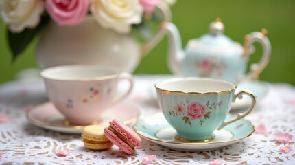 Mismatched vintage teacups with macarons on lace tablecloth, girly high tea party setup and elegant friendship ritual. Galentines day