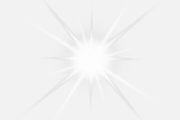 White sparkle light effect isolated on transparent background. Glowing silver white light. Shining star, light spark with rays. Light sparkle bling effect. Light PNG. Flare light, lens © Izzat