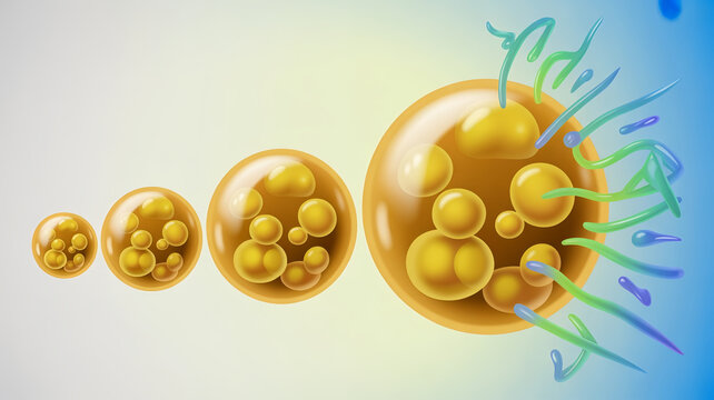 Digital illustration showing fat cells shrinking through exercise visualized in a clean 3D biology style designed for medical and fitness education explaining body transformation 