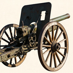 Historical artillery cannon on wooden wheels with green barrel  