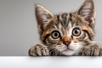 Obraz premium Curious kitten with wide eyes peeking over a white surface with its paws, showcasing its playful and inquisitive nature against a neutral background