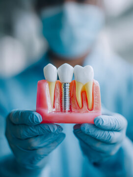 Dentist holding dental implant model showcasing tooth replacement options and gum health in clinic setting with protective gloves and face mask