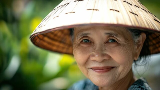 Elderly Asian woman in traditional conical hat smiling at the camera, set against a natural backdrop.