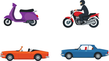 Flat vector vehicles set featuring scooter motorcycle and cars, modern transportation illustrations isolated on white background for travel mobility automotive design projects stock use © Hanif World