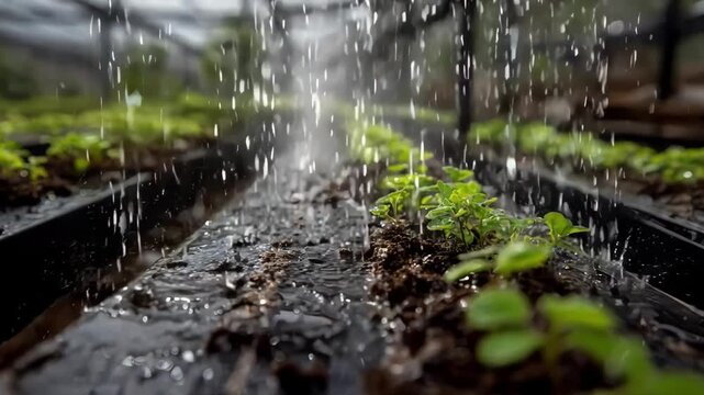 Overhead perspective capturing water droplets falling from drip emitters above a nursery bed providing precise moisture to delicate plants.