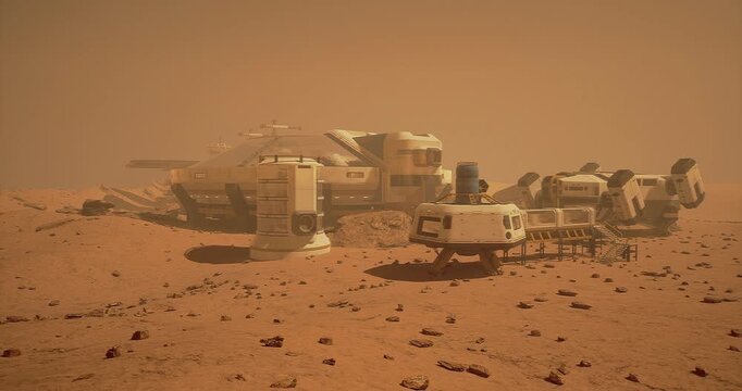 Two futuristic bases rest on the red Martian soil, surrounded by rocky terrain and a hazy orange sky, highlighting the challenges of extraterrestrial colonization efforts.