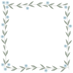 Obraz premium Square botanical frame with green leaves and small blue flowers on white background