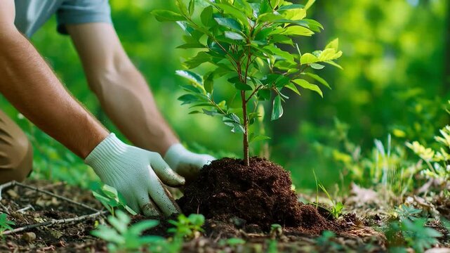 Gardener plants tree, Environmental volunteer tends to emerging sapling at forest boundary