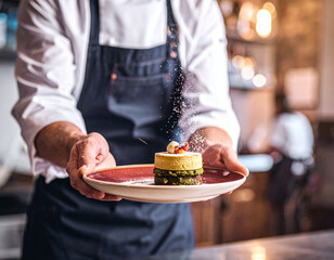 Professional chef expertly sprinkles icing sugar over a gourmet layered dessert. A stunning capture of culinary artistry and fine dining, perfect for luxury food and restaurant branding.