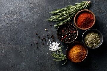 selection of spices and herbs on dark stone table, flat lay background © nanskyblack