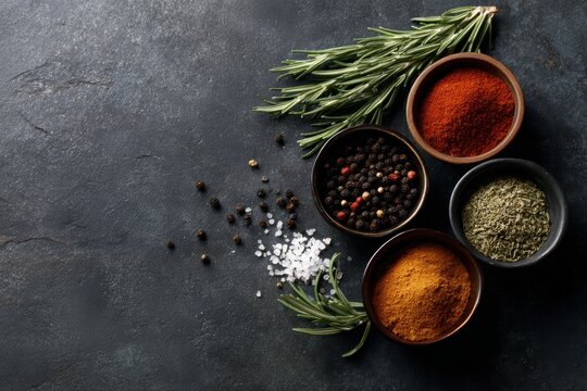 selection of spices and herbs on dark stone table, flat lay background
