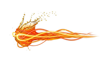 Dynamic splash of orange liquid with glowing energy trails isolated on transparent background