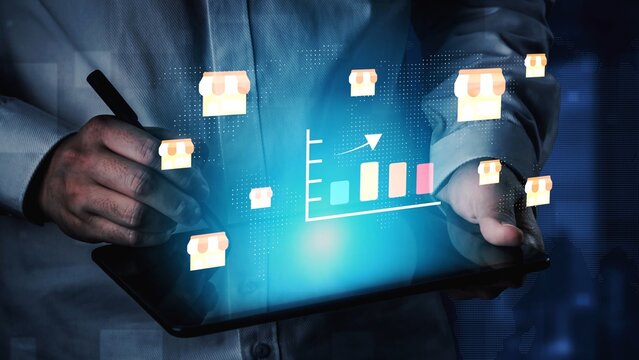 Business Growth Concept with Digital Charts and Visual Icon Representations of Shops for E-commerce and Retail Market Analysis Gluon. - Powered by Adobe