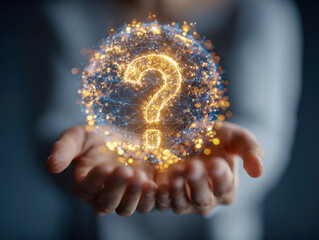 Person holding glowing network sphere with illuminated question mark symbolizing curiosity and the quest for knowledge in technology and innovation contexts