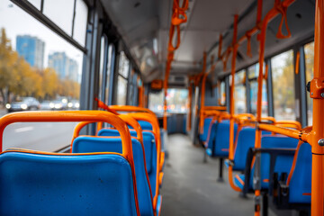 Interior view of an empty public bus with vibrant blue seats and orange handrails during daytime urban commute in a modern city environment