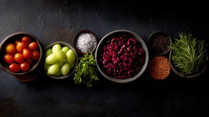 Fitness health food concept with fruits vegetables grains nuts herbs and spices, antioxidant rich diet