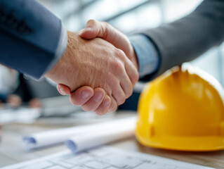 Business professionals shaking hands over architectural plans and yellow construction helmet symbolizing partnership and successful project agreement