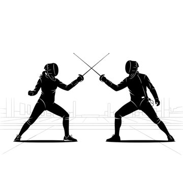 Two fencers in fencing stance fighting Isolated On Transparent Background.