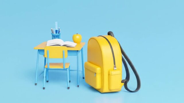 School desk and backpack against blue background.