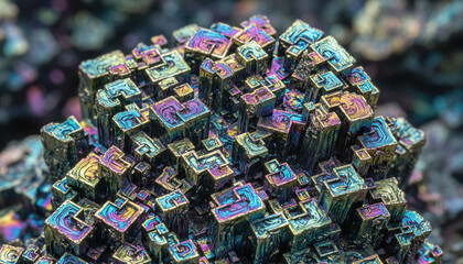 Iridescent geometric bismuth crystal structure with rainbow metallic colors