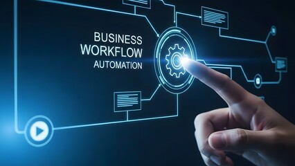 Business workflow automation concept with a futuristic interface and a hand interacting with a digital screen