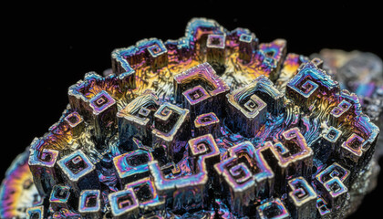 Iridescent geometric bismuth crystal structure with rainbow metallic colors