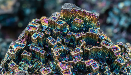 Iridescent geometric bismuth crystal structure with rainbow metallic colors