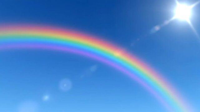 Vibrant rainbow arcing across clear blue sky with sun and lens flares