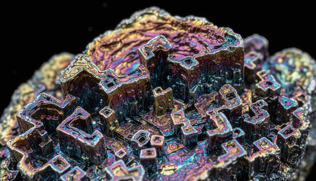 Iridescent geometric bismuth crystal structure with rainbow metallic colors - Powered by Adobe