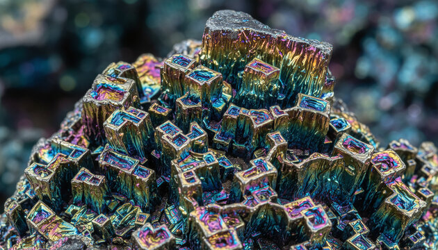 Iridescent geometric bismuth crystal structure with rainbow metallic colors
