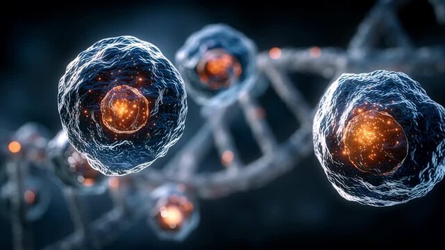 Colorful depiction of cellular groups advancing along DNA structures with glowing centers