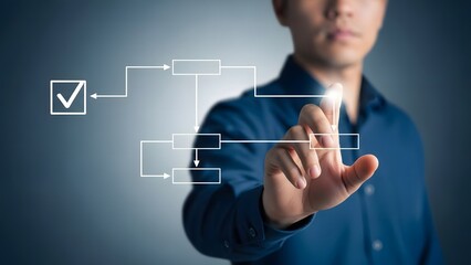Businessman interacting with futuristic digital interface flowchart and checklist