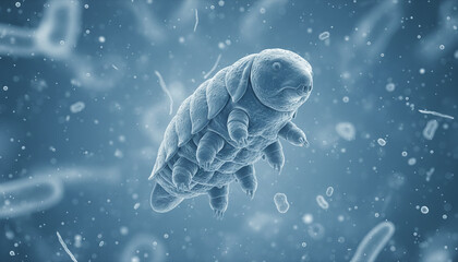 Microscopic tardigrade water bear in blue water environment 3D render