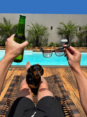 homem de f&eacute;rias com bebida, &oacute;culos e cachorro em area de lazer com piscina  no ver&atilde;o 
