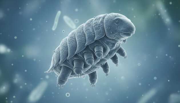 Microscopic tardigrade water bear in blue water environment 3D render