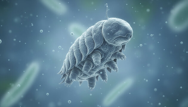 Microscopic tardigrade water bear in blue water environment 3D render